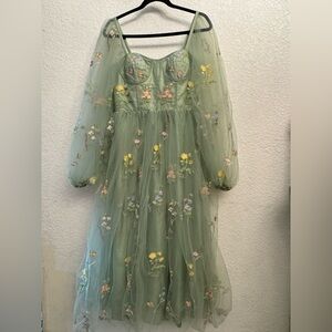 Green Floral Embroidered Tulle Dress